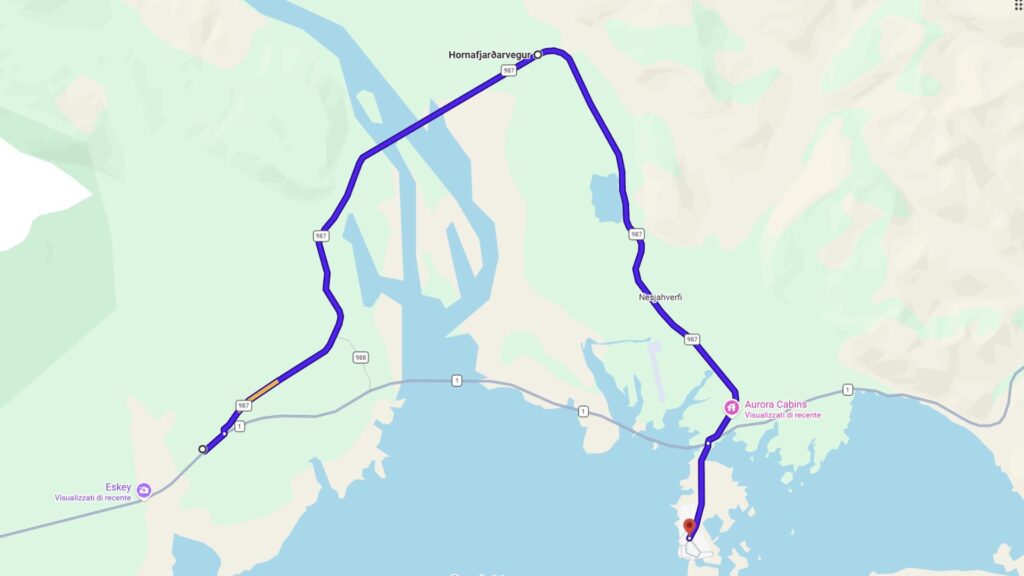 Il percorso della vecchia strada 987 attorno al fiordo di Hornafjörður, l'alternativa gratuita al nuovo ponte a pagamento